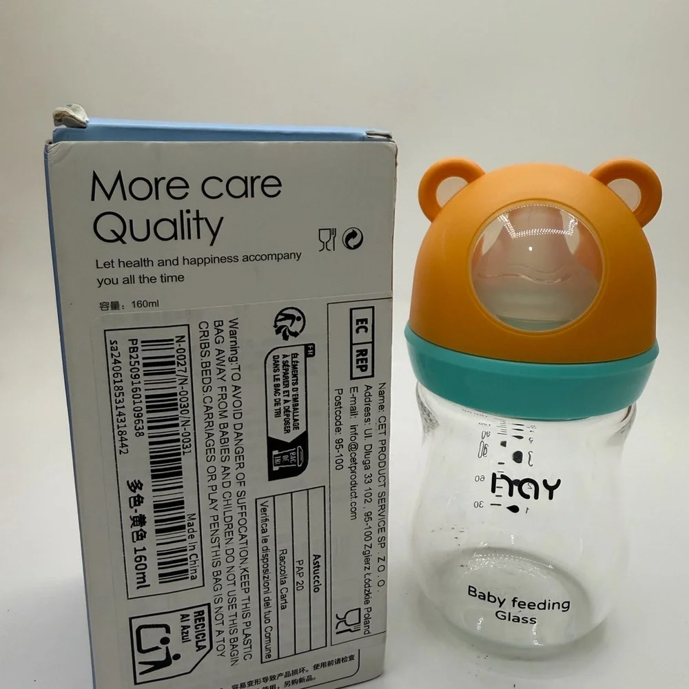 Glass Baby Bottle INAY- Cute Bear Head Design - 160ml - +1 Month Size S Nipple